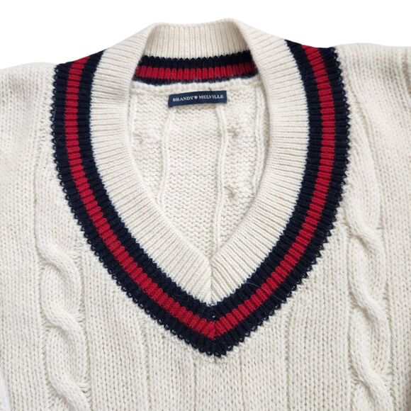 Brandy Melville Wool Blend Cable Knit Sweater-V Neck-Stripe Trim-Varsity-Prep-OS - Picture 3 of 12